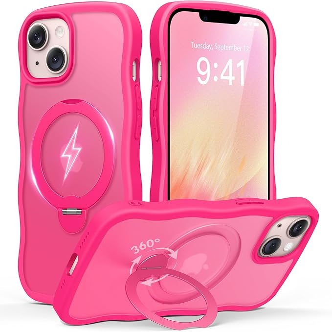 for iPhone 13 Case & iPhone 14 Case for Women,[Compatible with Magsafe][360° Spin Magnetic Stand][Cute Wave Edge][Military-Grade Protection] Translucent Matte Phone case for iPhone 13/14, Hot Pink