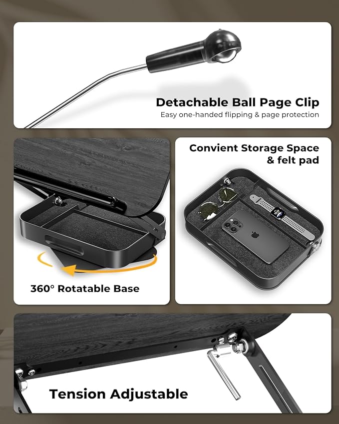 Adjustable Book Stand for Reading with Storage – 360° Rotating Base, Height Adjustable, Extra-Wide Page Clips for Thick Books – Portable Desk Book Holder for Study, Bed, Office, Kitchen (Black)