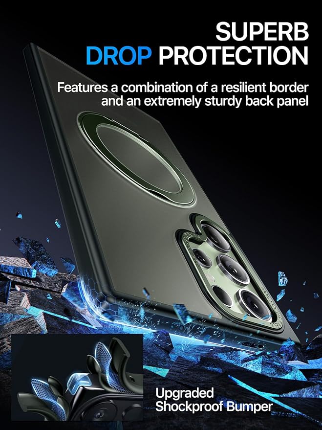 QTlier Phone case for Galaxy S24 Ultra- 360 Rotatable Magnetic Ring Stand, Military-Grade Protection, Raised Camera Frame Green