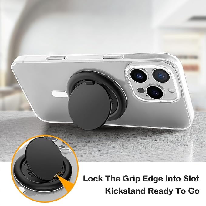 metisinno Phone Grip for MagSafe, Magnetic Stand for iPhone MagSafe Cases, One Finger Pop and Snap, Removable for Wireless Charging, Black