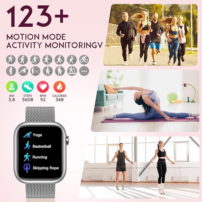 Smartwatch Women Fitness Tracker Watch: Silver Smart Watches for Women Make Answer Bluetooth Call Android Phones iPhone Compatible 123+ Sport Modes IP68 Waterproof Digital Pedometer Heart Rate Monitor