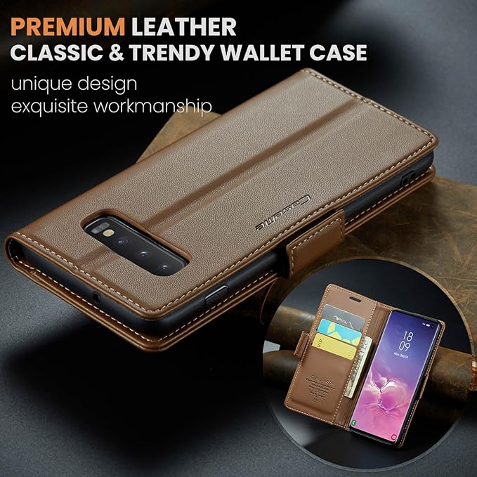 Case for Samsung Galaxy S10 Wallet Case, RFID Blocking PU Leather Flip Folio Cover Card Holder Kickstand Shockproof Phone Case Compatible with Samsung Galaxy S10, Brown