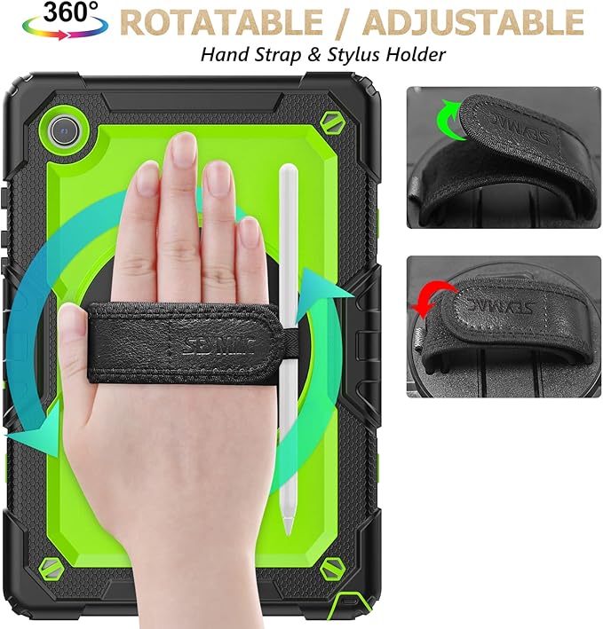 SEYMAC stock Case for Samsung Galaxy Tab A8 10.5'', Full-Body Drop Protection Case with Screen Protector Pencil Holder [360° Rotating Hand Strap] &Stand, Green+Black