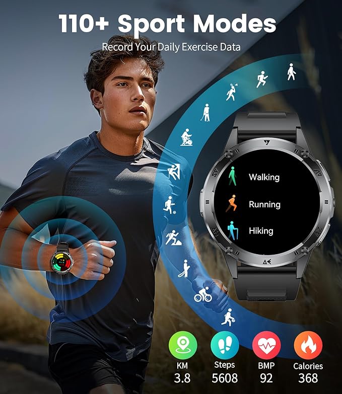 Military Smart Watches for Men ,530mAh Large Battery,1.43"AMOLED Heart Rate/SpO2/Sleep Monitor 5ATM Waterproof Smartwatch for Android iOS (Answer/Make Calls),Fitness Tracker with LED Flashlight