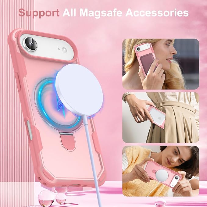 Compatible with iPhone 17 Air Case with Invisible Magnetic Ring Stand [Compatible with Magnetic] [Military Drop Protection] Shockproof Slim Hard Back Soft Edge Case 6.6 Inch, Pink