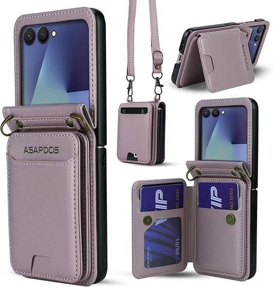 ASAPDOS for Samsung Galaxy Z Flip 7 PU Leather Wallet Phone Case with Card Slots (Holds 5 Cards), Anti-Drop Protection, Wrist & Shoulder Strap Gold