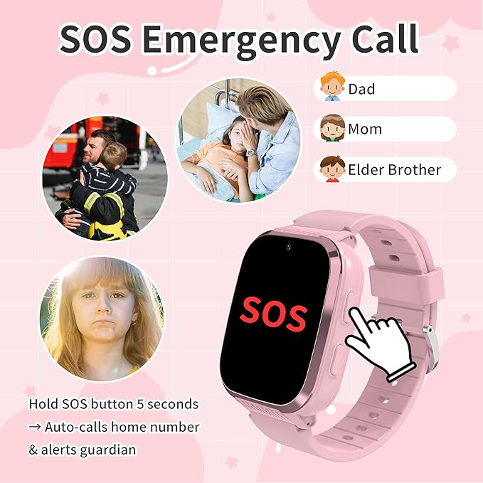 4G Kids Smart Watch Girls with GPS Tracker Video Calling Texting, Waterproof Smartwatches Age 5-13, One-Key SOS Call Voice Chat Cell Phone Watch with Alarm Clock Game HD Camera (Pink)