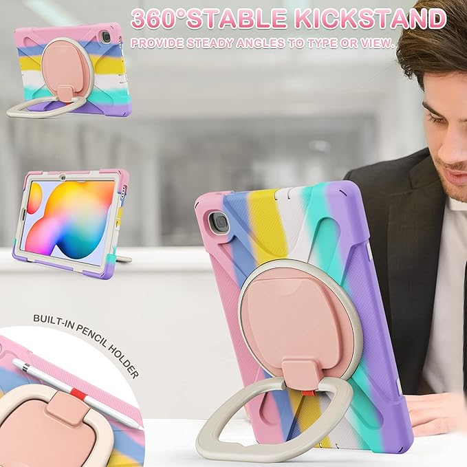 BATYUE Case for Samsung Galaxy Tab S6 Lite 10.4 Inch 2024/2022/2020 (SM-P610/P613/P615/P619/P620), Protective Case with Shoulder Strap, 360° Swivel Stand, Shockproof Drop; for Kids - Colourful Pink