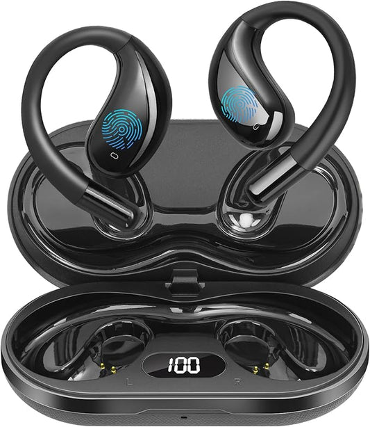 Open Ear Clip Wireless Earbuds Bone Conduction Headphones, Bluetooth 5.4, Open Ear Design, Built-in Mic, IPX5 Waterproof, LED Display Charging Case,Ear Hooks Ear Buds,Design for Running Fitness Black