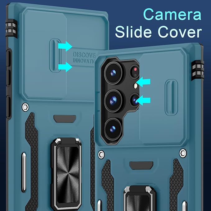 DEERLAMN Case for Samsung Galaxy S25 Ultra with Slide Camera Cover+Screen Protector (1 Pack), Rotated Ring Kickstand Military Grade Shockproof Protective Cover-Light Blue