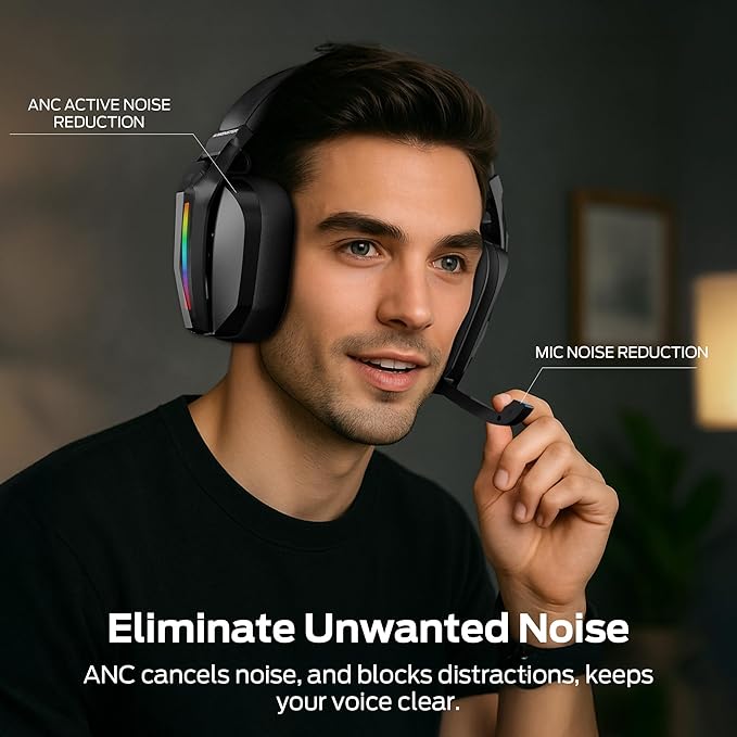 Monster Mission ANC200 Wireless Gaming Headset, 7.1 Virtual Surround Sound, ANC, Stealth Retractable Mic, 70HRS Battery, 2.4GHz or BT, for PC, PS5, Mobile, 3.5mm Audio Jack (Black)