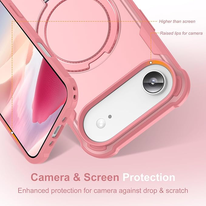 Compatible with iPhone 17 Air Case with Invisible Magnetic Ring Stand [Compatible with Magnetic] [Military Drop Protection] Shockproof Slim Hard Back Soft Edge Case 6.6 Inch, Pink