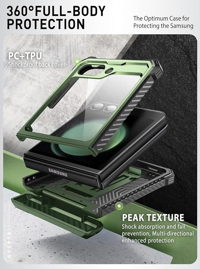 i-Blason for Samsung Galaxy Z Flip 7 FE Case, Z Flip6 Case with Stand, [Built-in Screen Protector] [Hinge Protection] [Belt-Clip], Military Phone Case for Samsung Z Flip 7 FE/6/5, Armorbox, DarkGreen