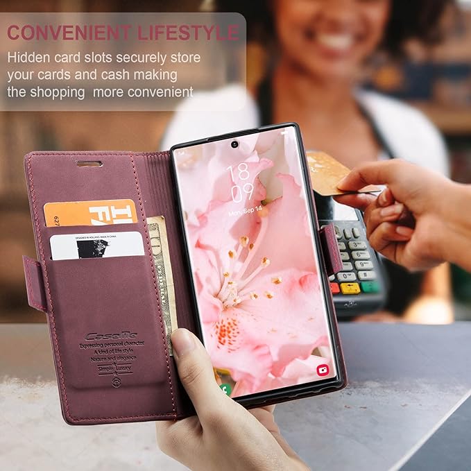 SINIANL for Samsung Galaxy S23 Ultra Leather Case, Vintage Wallet Case Book Folding Flip Case with Kickstand Card Holders Slots Protective Cover for Galaxy S23 Ultra Wine Red