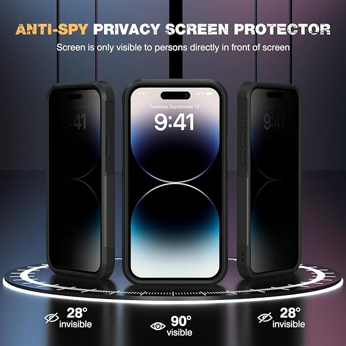 Diaclara Designed for iPhone 14 Pro Max Case, [with Privacy Screen Protector] [Anti Spy] [Military Grade Drop Protection] Heavy Duty Full-Body Shockproof Phone Case, Black