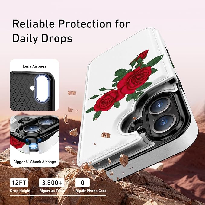 FUNMIKO for iPhone 16 Wallet Case with Card Holder, RFID-Blocking, Military-Grade Protection & UV-Printed Artwork, Magnetic Closure with Leather Kickstand - Blooming Red Rose