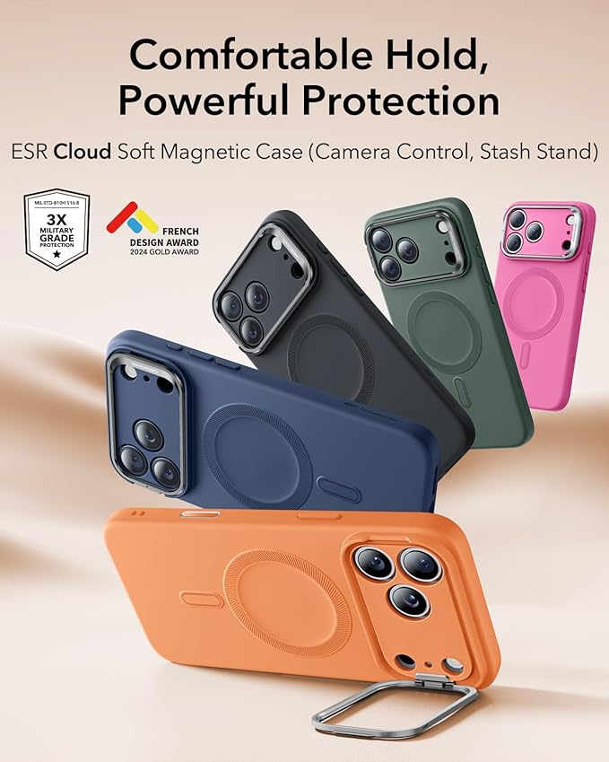ESR Silicone Case for iPhone 17 Pro Max, Built-in Camera Stash Stand Compatible with MagSafe, Military-Grade Drop Protection Magnetic Phone Case for iPhone 17 Pro Max, Cloud Series, Orange