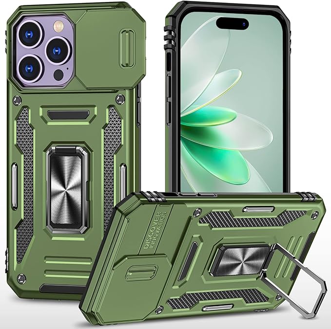 Case for iPhone 14 Pro Max Phone Case with Kickstand Ring Holder, with Camera Cover, with Magnetic Car Mount Function, for iPhone 14 Pro Max (Olive Green)
