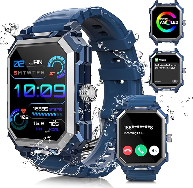 Indestructible Smart Watch for Men Android iOS Phones (Answer/Make Call) 680mAh IP69 Waterproof Military Rugged Tactical Smartwatch Fitness Tracker Watch With Heart Rate Blood Pressure Sleep Monitor