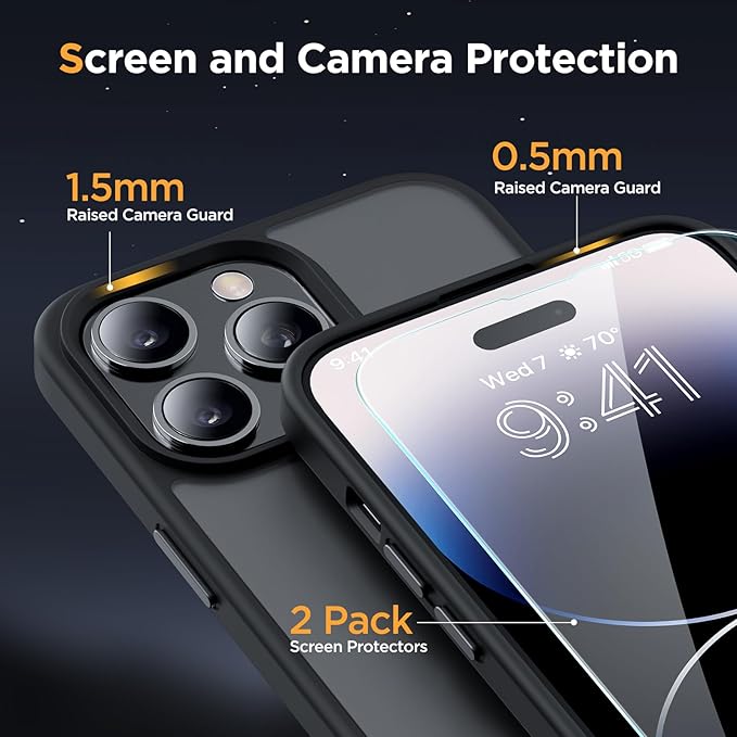 Miracase Magnetic for iPhone 14 Pro Case 6.1 inch (Compatible with MagSafe)（with 2X Screen Protectors） Military-Grade Protection, Anti-Fingerprint Translucent Matte Phone Case Cover, Black