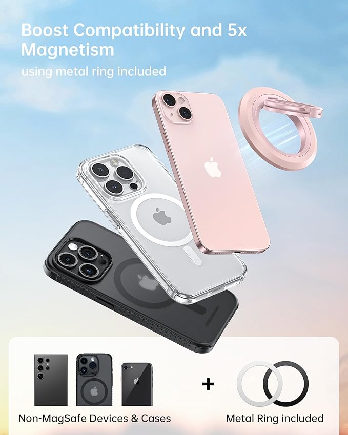 SYNCWIRE Magnetic Phone Ring Holder for MagSafe, 360° Rotation Dual Sided Magnet Grip Cell Phone Ring Stand Finger Kickstand Compatible with iPhone 16 15 14 13 12 Pro Max fits MagSafe - Pink