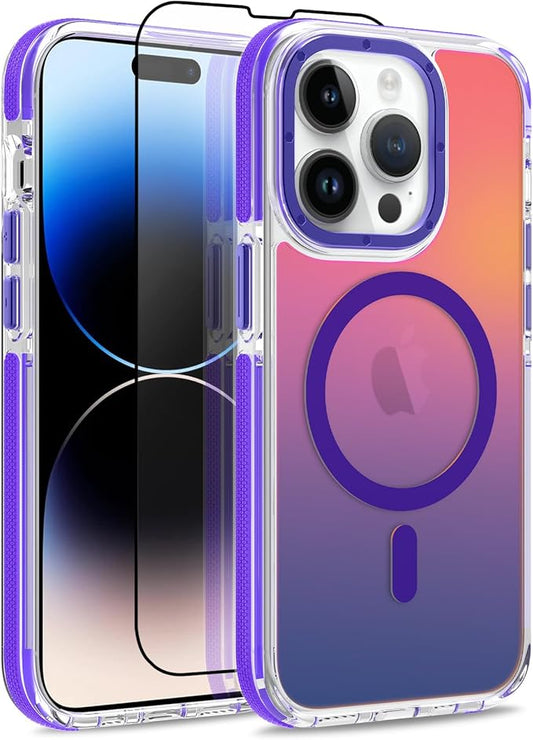 MOWIME Magnetic Case for iPhone 14 Pro [Compatible with Magsafe] [Cute Fashion Fluorescent Design] [1 Screen Protector] Slim Translucent Matte Case for iPhone 14 Pro 6.1" 2022, Purple