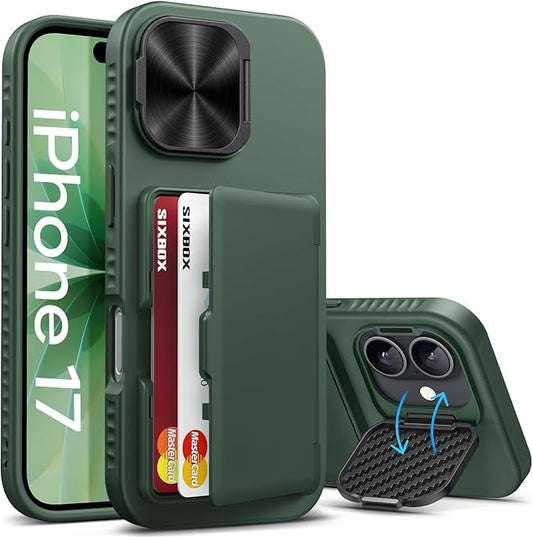 for iPhone 17 Case Wallet with Stand, Built-in Card Holder & Camera Cover, Military Grade Drop Protection Rugged Hard Protective Wallet Phone Case for iPhone 17 6.3" 2025, Green
