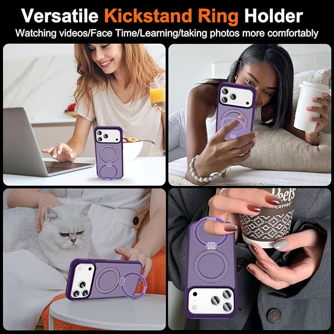 Magnetic Compatible with iPhone 17 Pro Max Case with Stand [Military Grade Drop Tested][Compatible with Magnet] Ring Translucent Slim Hard Back Soft Edge, Purple