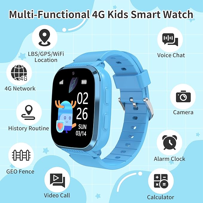 4G Kids Smart Watch Boys with GPS Tracker Video Calling Texting, Waterproof Smartwatches Age 5-13, One-Key SOS Call Voice Chat Cell Phone Watch with Alarm Clock Game HD Camera (Blue)