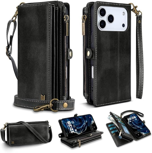 for iPhone 17 Pro Wallet Phone Case with 7 Card Holder,RFID Blocking | PU Leather | Kickstand | Flip | Wrist Strap&Shoulder Strap | Shockproof | Zipper Wallet | Women Men | 6.3" | Black