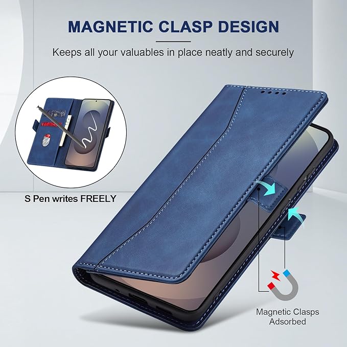 Jasonyu Flip Wallet Case for Samsung Galaxy S25 Ultra 5G,Leather Magnetic Folio Cover with Card Holder,Kickstand - TPU Shockproof Durable Protective Phone Case,Blue