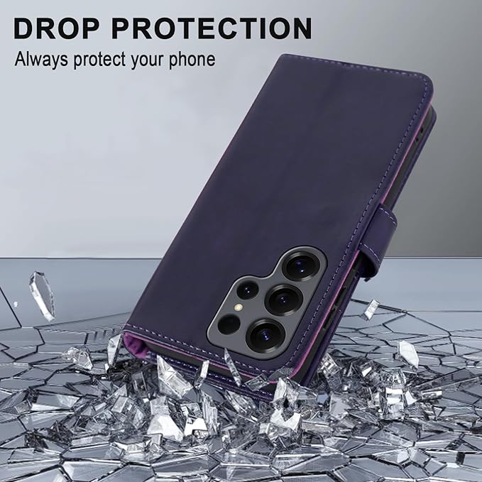 MONASAY Wallet Case Fit for Samsung Galaxy S25 Ultra 6.9 inch, [Lens & Glass Screen Protector Included] [RFID Blocking] Flip Folio Leather Cell Phone Cover with Credit Card Holder, Purple