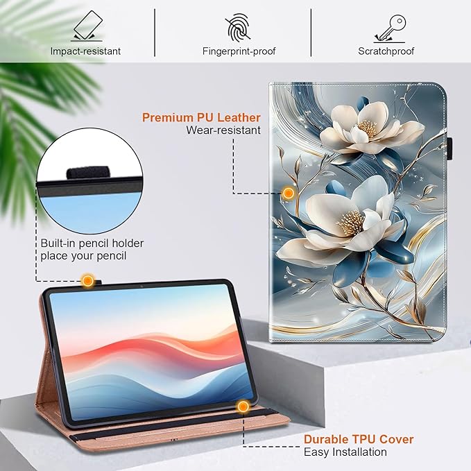 Case for Samsung Galaxy Tab A9+/A9 Plus 11 Inch (SM-X210/X216/X218) Tablet with Pencil Holder, Multiangle Stand Wallet Design Cover, Metal Flower