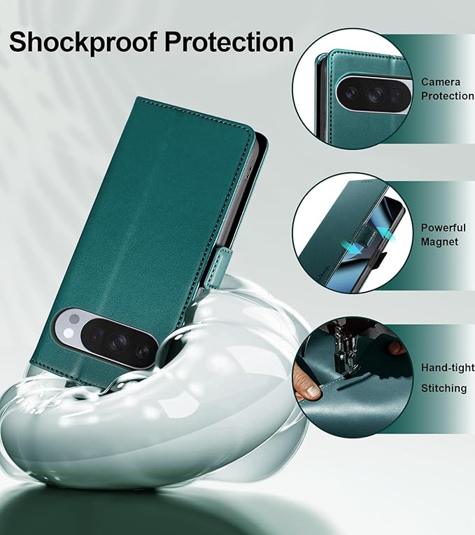 Wallet Flip Case for Google Pixel 10/10 Pro 5G - [RFID Blocking] Luxury PU Leather Card Holder Magnetic Phone Cover with Kickstand,Shockproof Protective Case,Green