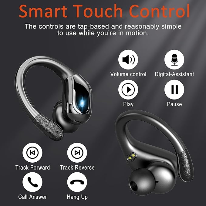 Ltinist Wireless Earbud, Bluetooth 5.3 Headphones Pure Bass Sound with Earhooks, 75H Battery Over Ear Headphones with Dual-LED Display, IP7 Waterproof Earphones Built-in Microphone for Running Sports