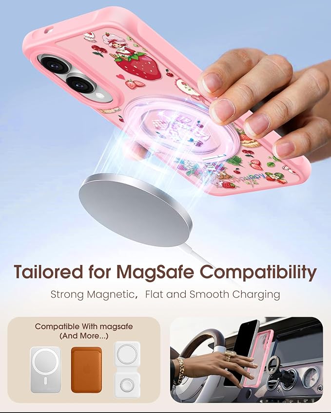 for Samsung Galaxy S25 Edge Case with 360° Rotatable Magnetic Ring - Compatible with MagSafe, Semi-Transparent Soft-Touch Material Shockproof, Cute Pink Strawberry Design for Women Girl