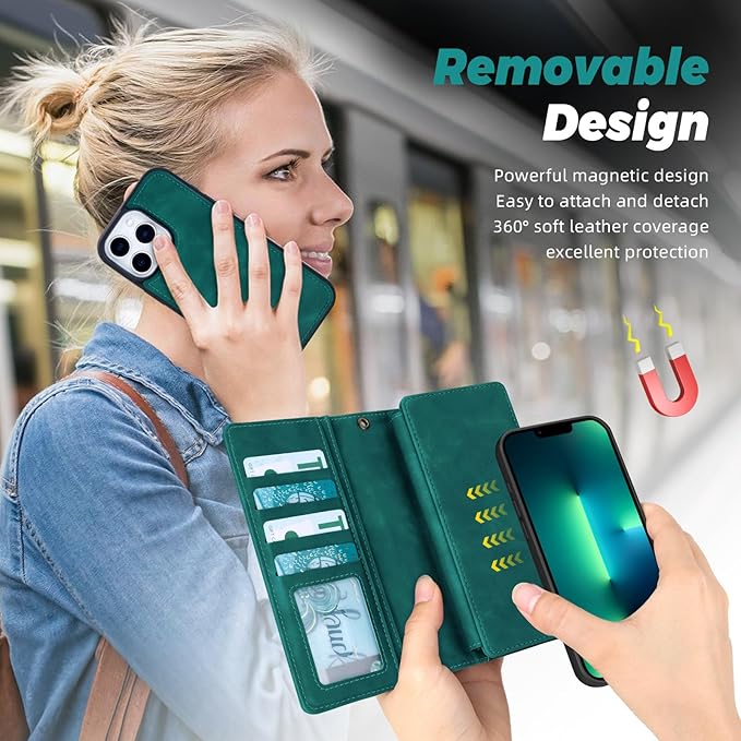 TwoHead for iPhone 13 Pro Max Wallet Case with Card Holder & Detachable Magnetic Phone Case, Leather All-Round Protection Phone Case Wallet for Women/Men,6.7 in,Green