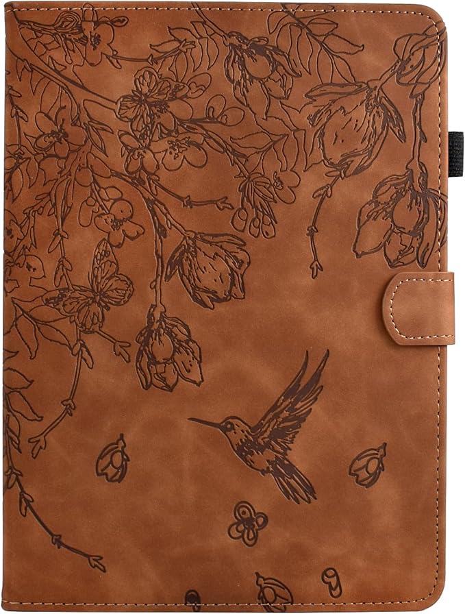 KEROM Case for Samsung Galaxy Tab A9+ Plus 11 Inch 2024 2023 (SM-X210/X216/X218), Embossed Suede Leather Folio Stand Cover with Auto Wake/Sleep & Card Slot & Pen Holder - Brown Bird Flower Embossing