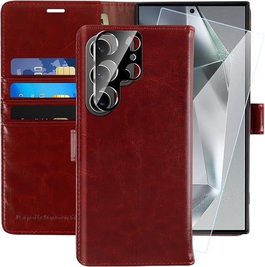 MONASAY Wallet Case Fit for Samsung Galaxy S24 Ultra 5G，[Lens & Glass Screen Protector] [RFID Blocking] Flip Folio Leather Cell Phone Cover with Credit Card Holder, 6.8 inch, Burgundy