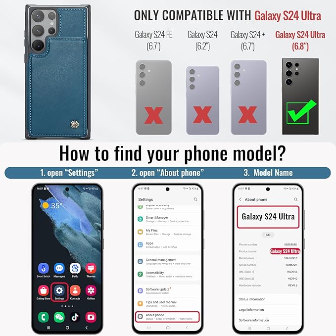 Vinich for Samsung Galaxy S24 Ultra Wallet Case with Card Holder, RFID Blocking Credit Slots Kickstand Shockproof Phone Cover for Women Men, Blue