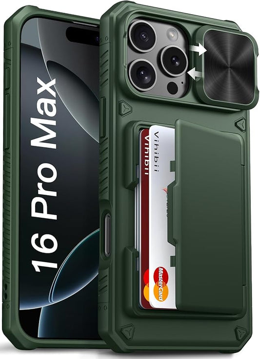 Vihibii for iPhone 16 Pro Max Case with Card Holder (4 Cards) [RFID Blocking] & Slide Lens Cover, Military Grade Drop Protection, Rugged Hard Back & Silicone Edge Wallet Phone Case, 6.9" 2024, Green