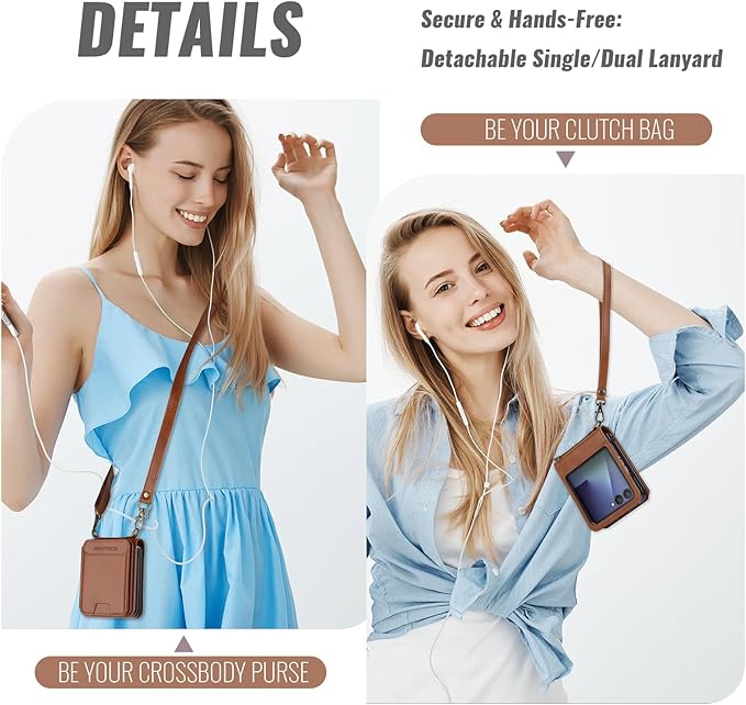 ASAPDOS for Samsung Galaxy Z Flip 7 PU Leather Wallet Phone Case with Card Slots (Holds 5 Cards), Anti-Drop Protection, Wrist & Shoulder Strap Brown