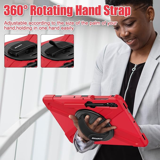 BRAECNstock for Samsung Galaxy Tab S10+ Plus/ S9 FE+ Plus/ S9+ Plus/ S8+ Plus/ S7 FE/ S7+ Plus 5G Tablet Case 12.4 inch Shockproof Protective Kids Cover with Pen Holder Rotating Stand+Hand Strap - Red