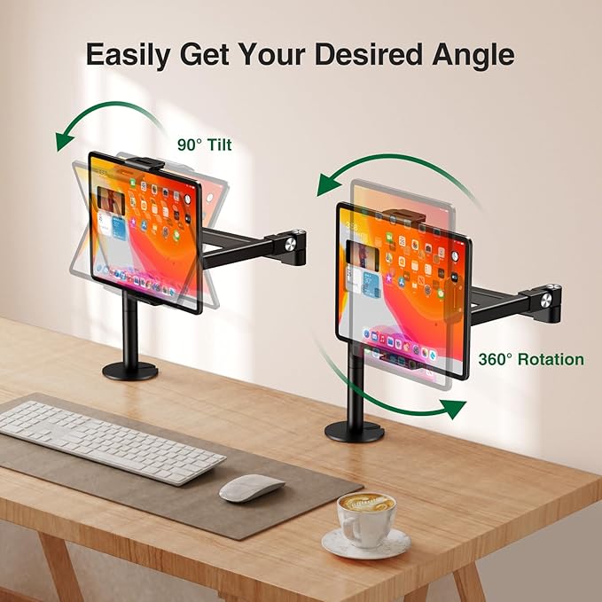 elitehood Long Arm iPad Desk Mount with Grommet Mounting Base, Heavy Duty Aluminum Tablet Holder for Desk, Swivel Arm Mount for iPad Pro 13/12.9 Air Mini, iPhone and 4.7-13in Tablets