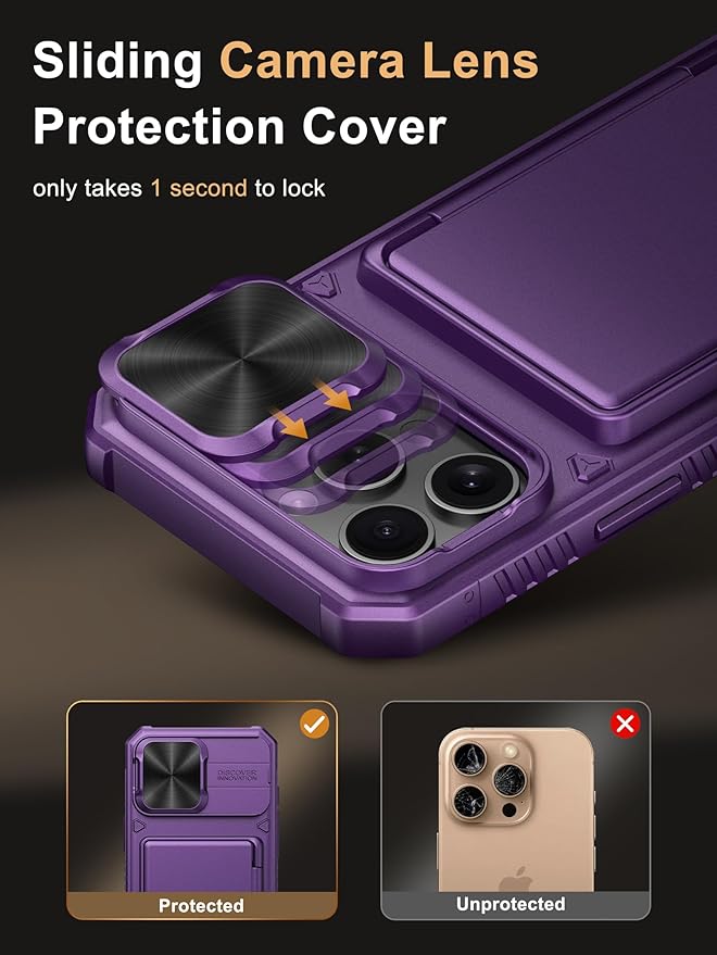 Vihibii for iPhone 16 Pro Max Case Wallet with Card Holder (4 Cards) [RFID Blocking] & Slide Camera Cover, Military Grade Drop Protection, Hard Back & Silicone Edge Phone Case 6.9" 2024, Dark Purple