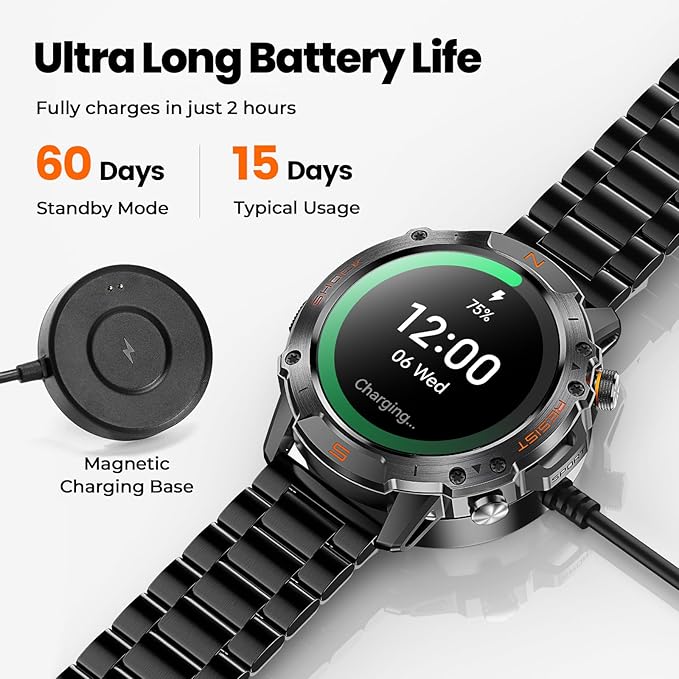 WalkerFit Military Rugged Smart Watch for Men 1.43" AMOLED Smartwatch,Alway-on,3ATM Waterproof for Swim,Accurate HR Sleep Monitor,Bluetooth Call Fitness Watch for iPhone Andriod Compatible,Steel Band