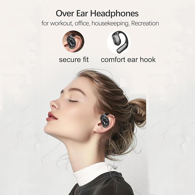 Open Ear Earbuds, Over Ear Headphones with Intelligent Charging Case, Snug Fit, Powerful Bass,Clear Mic, Ultra-Comfort Bluetooth Wireless Earphones for Jogging Workout Fitness Working