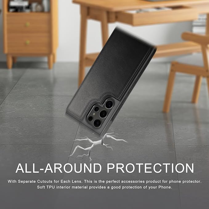 DJDUCK Designed for Samsung Galaxy S25 Ultra Case Wallet with Card Holder, [Magnetic Clasp Cover] [RFID Blocking Leather Protection] Shockproof Women Men Cases for Samsung S25 Ultra Black