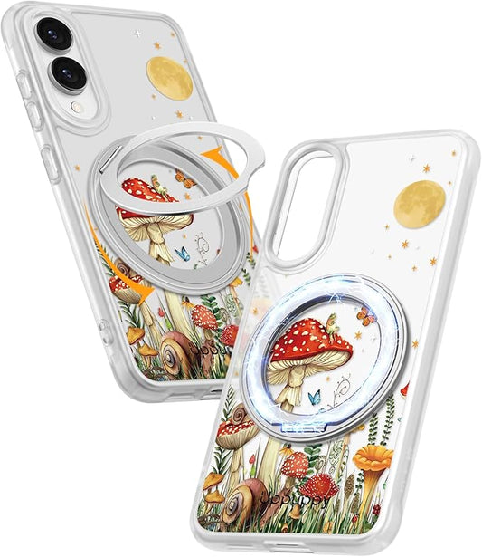 for Samsung Galaxy S25 Edge Case with 360° Rotatable Magnetic Ring - Compatible with MagSafe, Semi-Transparent Soft-Touch Material Shockproof, Cute Mushroom & Butterfly Design for Women Girl