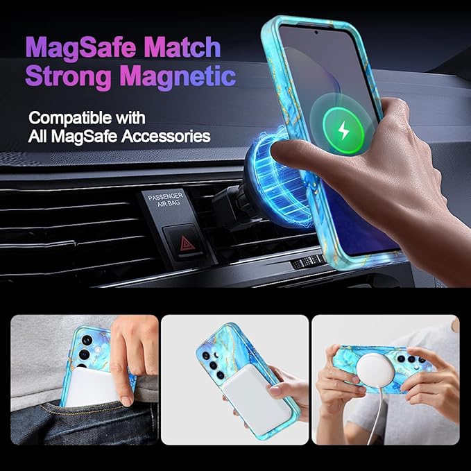 Casetego for Galaxy S24 Case,Compatible with MagSafe,[Military Grade Drop Test] Full Body Protection Slim Shockproof Rugged Marble Women Case for Samsung Galaxy S24 6.2 inch,Light Blue